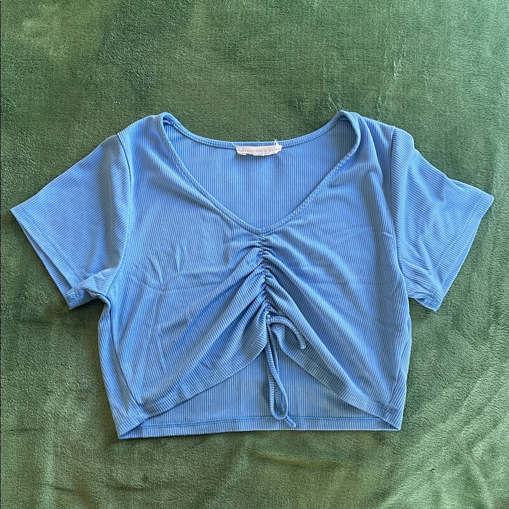 Blue Ruched V-Neck Crop Top